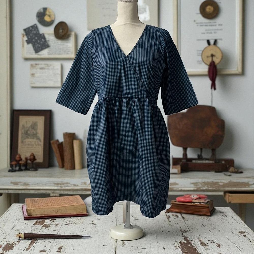 LA Relaxed  Blue Gingham‎ Faux Wrap Cotton Short Sleeve Career Casual Dress